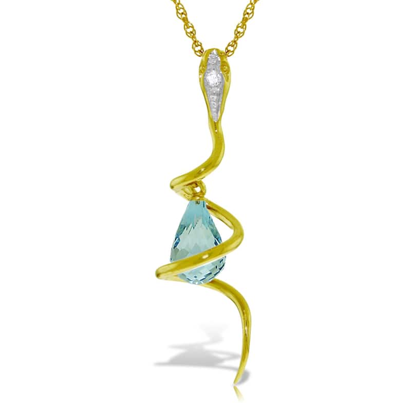 2.28 Carat 14K Solid Gold Necklace w/ Dangling Blue Topaz & Diamond - 20 Inch - Yellow