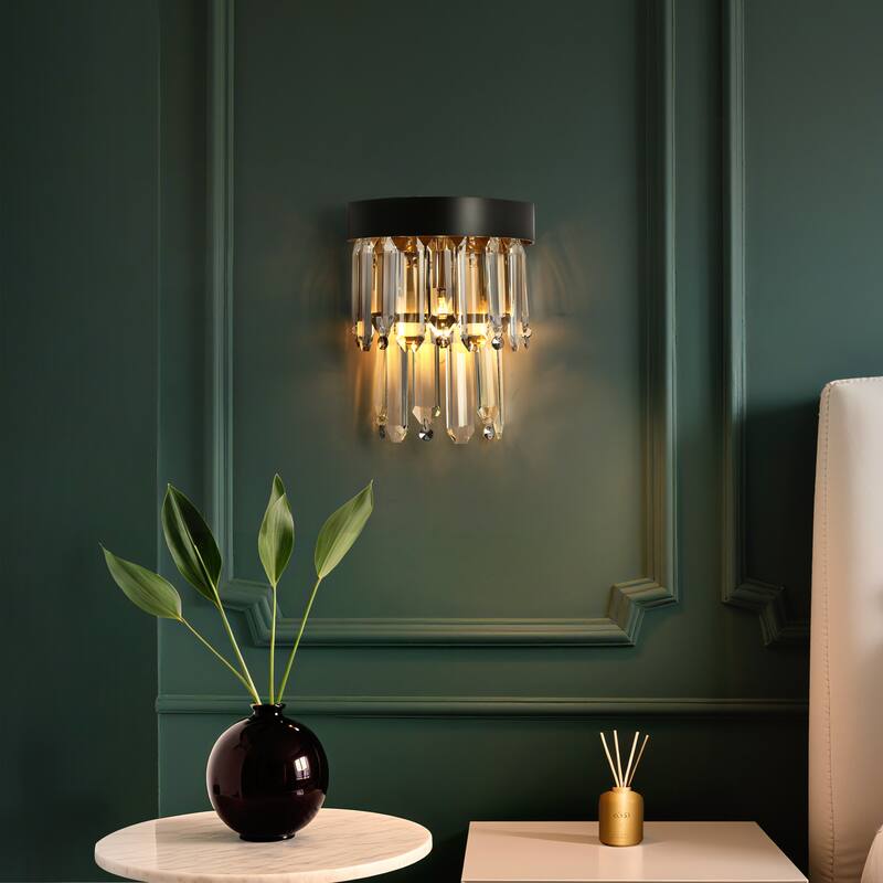 Modern 1-Light Luxury Crystal Wall Sconce Black Gold Bathroom Vanity Light - W7.9" x H10"