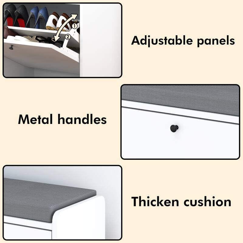 Anmytek White Storage Bench with Hooks Entryway Shoe Organizer and Living Room Seating