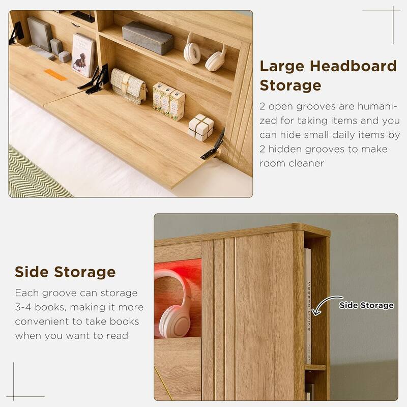 Modern Queen Size Wood Bed Frame with Charging Station and LED Lights