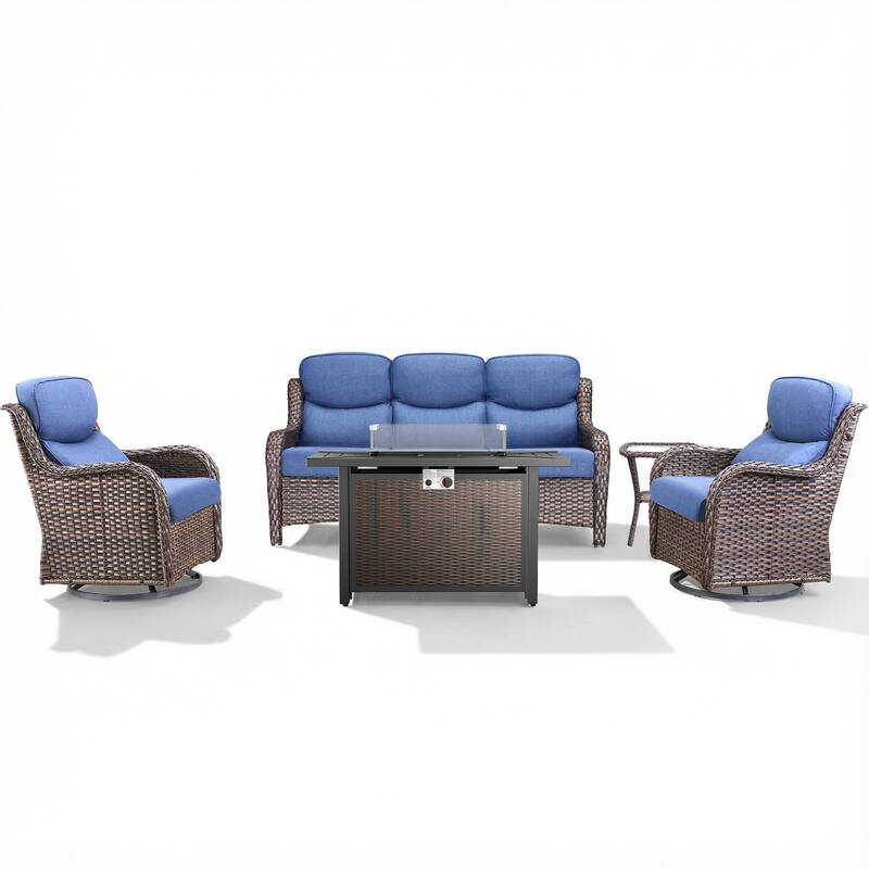 Pocassy Patio Sofa Swivel Chair Set with 43" Fire Pit Table