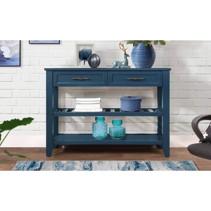 Anmytek Mid Century Modern Console Table Entryway with Drawers Navy Blue Retro Hallway Storage
