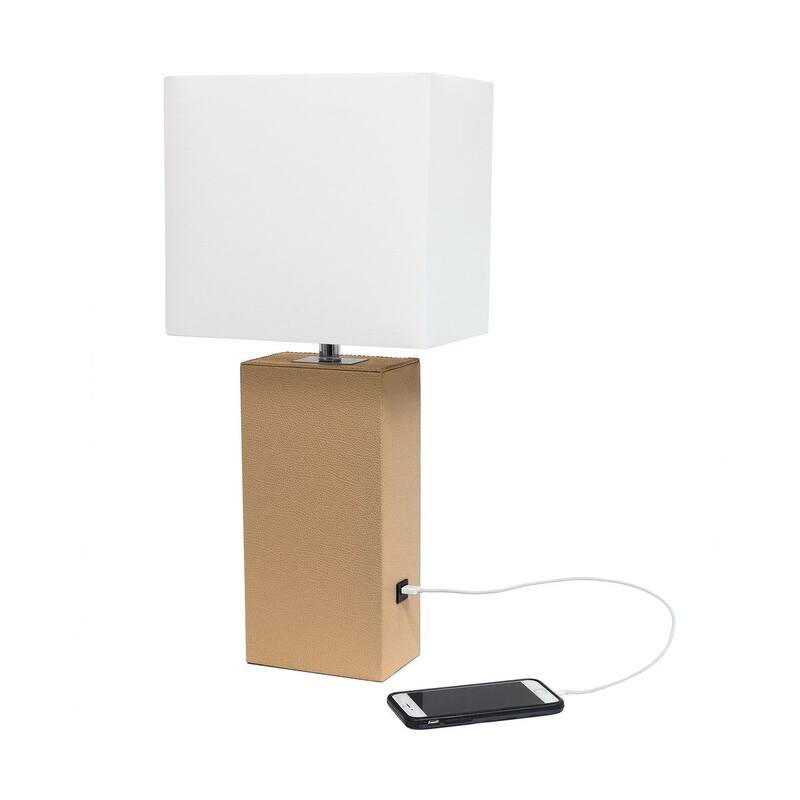 Modern Leather Table Lamp with USB and White Fabric Shade