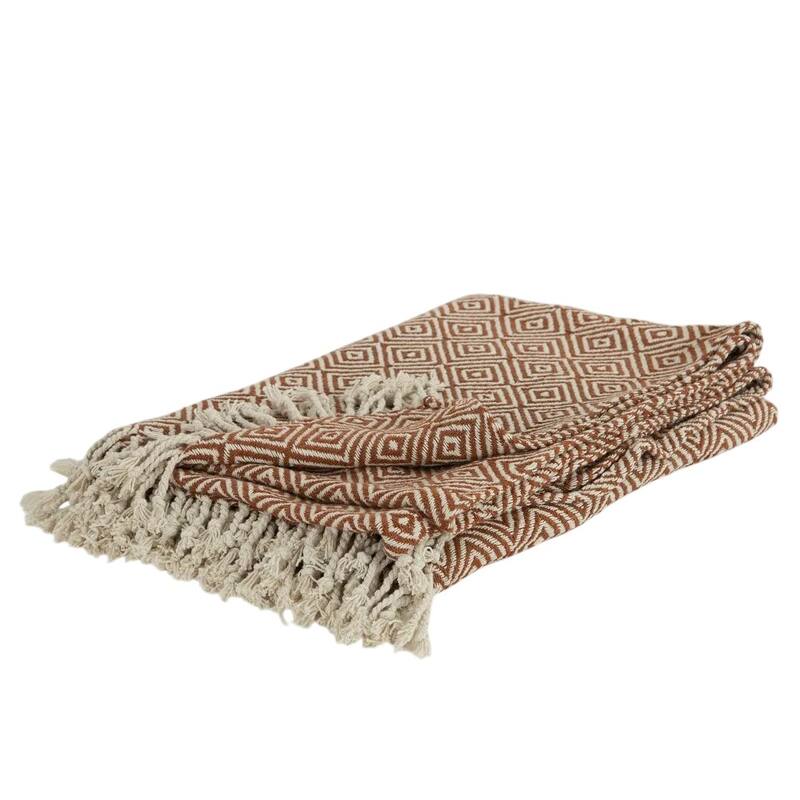 HomeRoots 50" X 60" Brown Cotton Woven Geometric Throw Blanket with Fringe