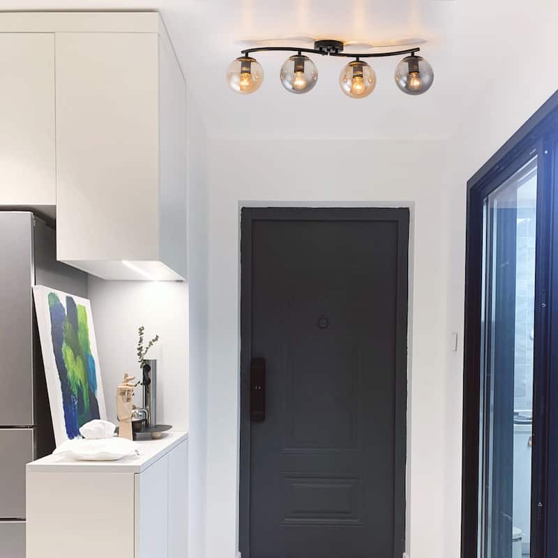 4 Lights Linear Metal Flush Mount Ceiling Light with Smoky and Amber Glass Globes - Dia.31.89-in