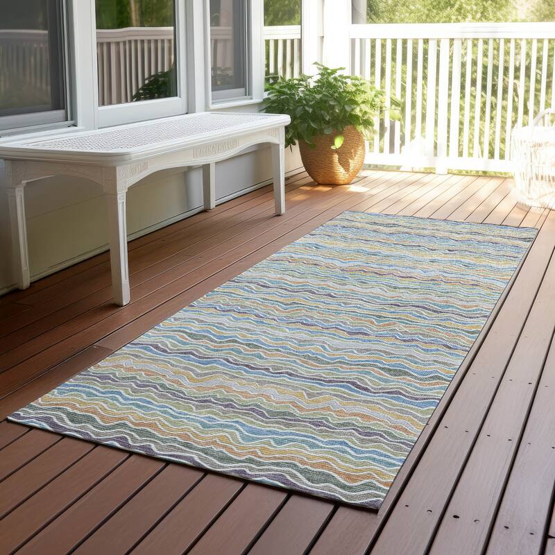 Machine Washable Indoor/ Outdoor Ziggy Stripe Chantille Rug - Blue - 2'3" x 7'6"