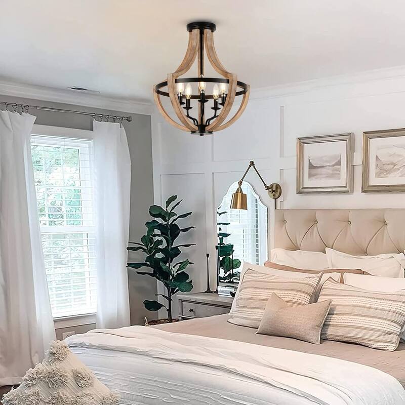 Flush Mount Ceiling Light Dining Room Pendant Light, Wooden Chandelier Ceiling Light Fixtures for Kitchen Island - Wood