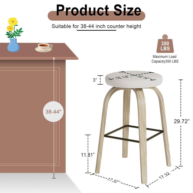 Swivel Bar Stools Set of 2, Bar Height Backless 30″Bar Stool, Fabric Upholstered Seat, Sturdy Wood Legs and Metal Footrest