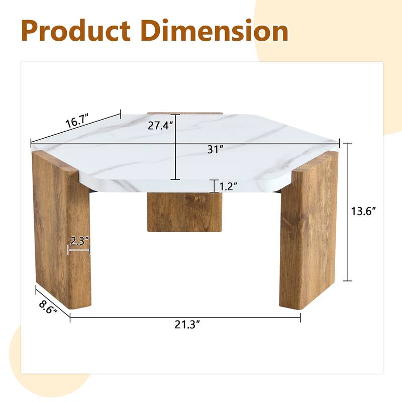 Faux Marble Top Hexagon Coffee Table Cocktail Table with Wooden Triangular Base