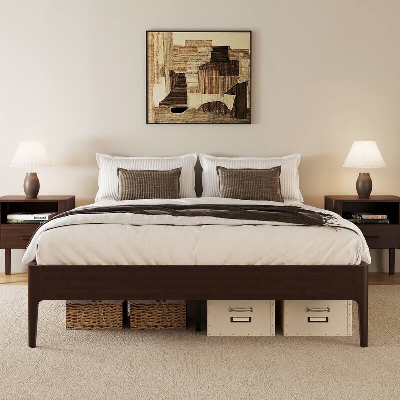 15" High Full Bamboo Platform Bed, Wood Slat Metal Support, Modern Minimalist, No Box Spring, Easy Assembly, Chocolate