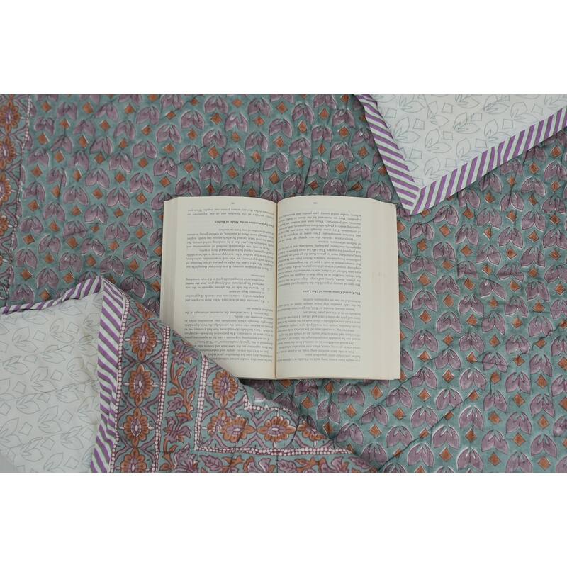 Fabdivine Luxury Hand Block Print Cotton Quilt Floral Boho Bedding for Bedroom & Sofa, Pink Brown, Handmade Reversible Bedspread