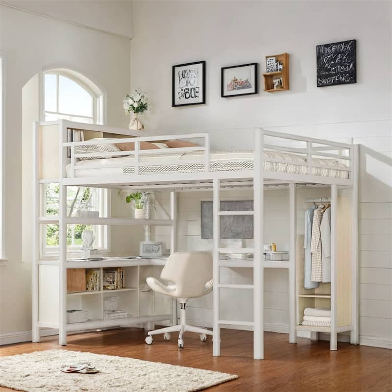 Metal Loft Bed with Wardrobe And L-shaped Desk,Queen Size Loft Bed
