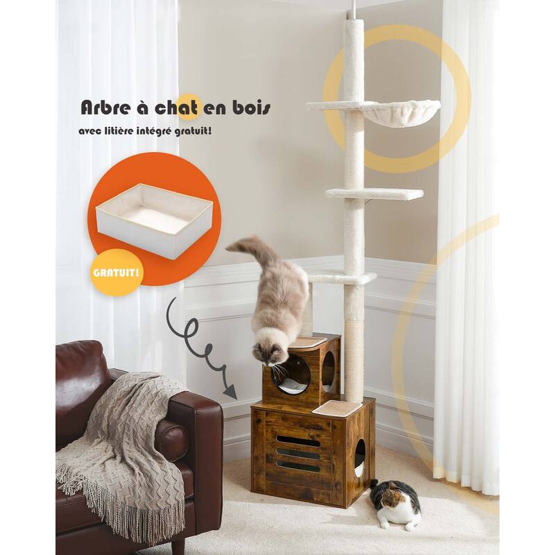 Adjustable Hright 6-Tiers Floor to Ceiling Cat Tree with Litter Box