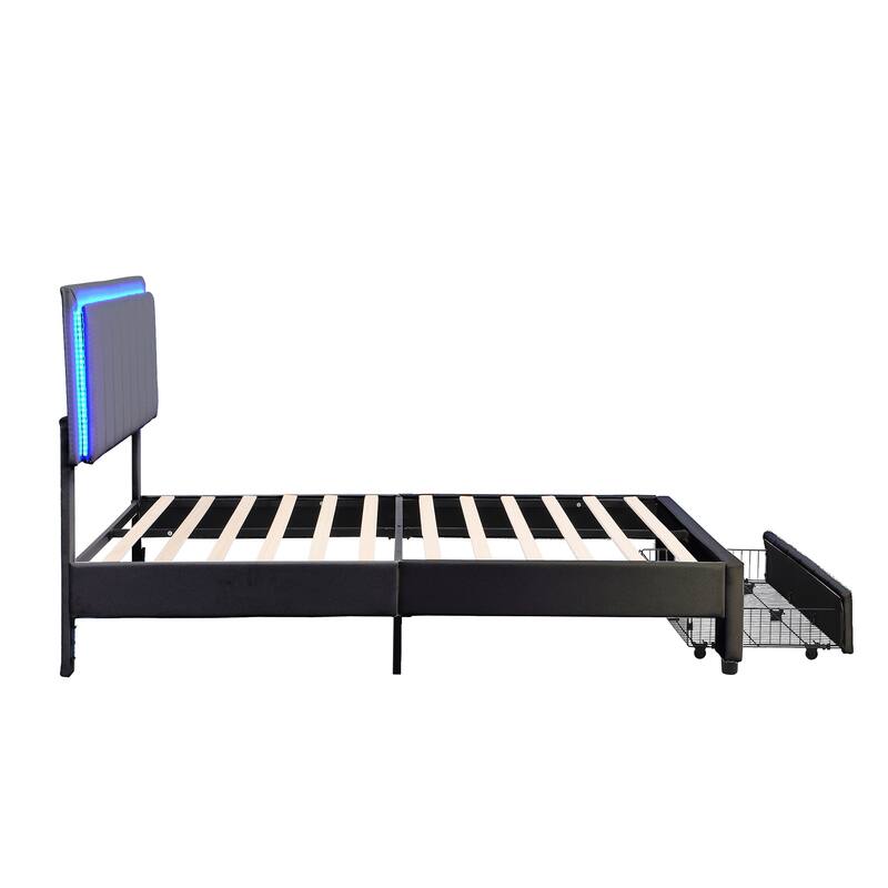 Upholstered Platform Bed with LED Lights and 2 Activated Night Lights