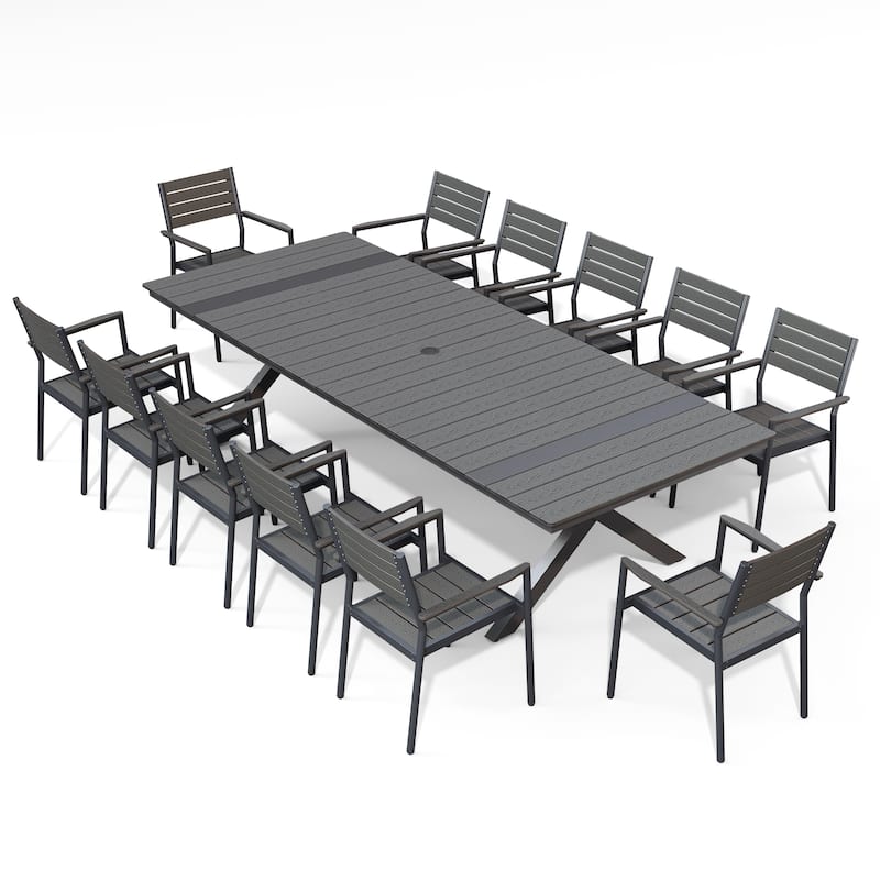 Pellebant 13PC Aluminum X Frame Outdoor Patio Dining Set Table with Stackable Armchairs - Black