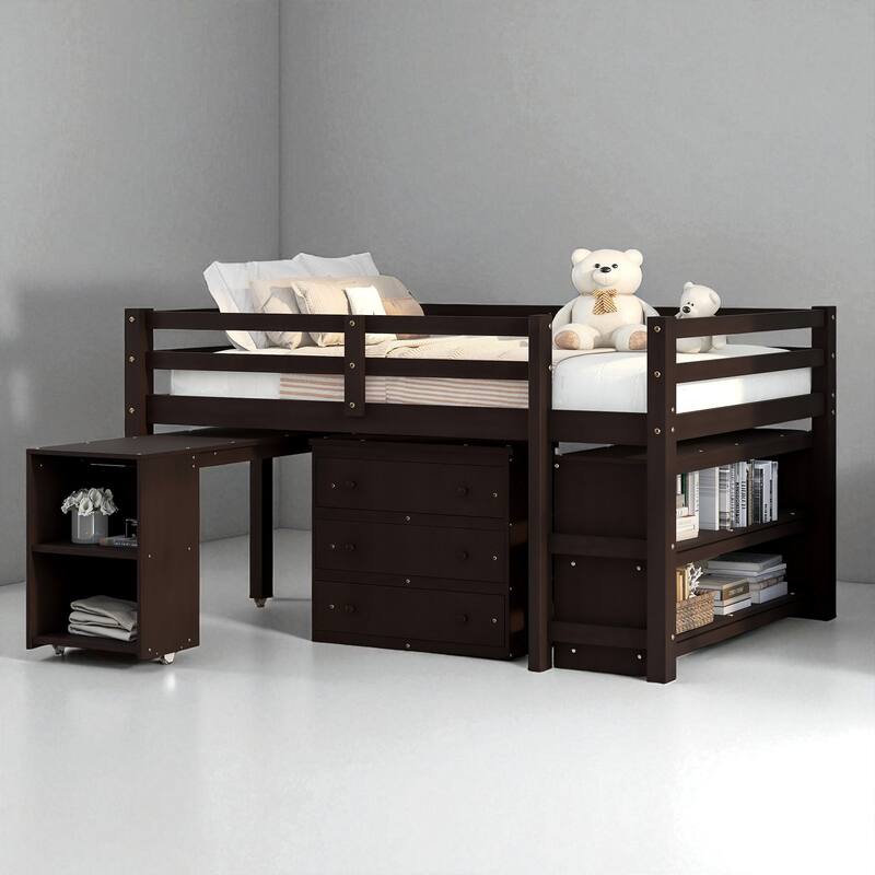 Twin/Full Size Low Loft Bed with Cabinet, Rolling Desk and Bookshelf, Solid Wood Frame for Kids - Espresso - Full
