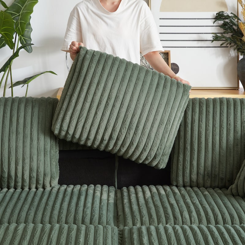 Anmytek 84 Inch Corduroy 3-Seater Comfy Deep Seat Sofa for Living Room with Storage Cup Holders Ottomans and Pillows