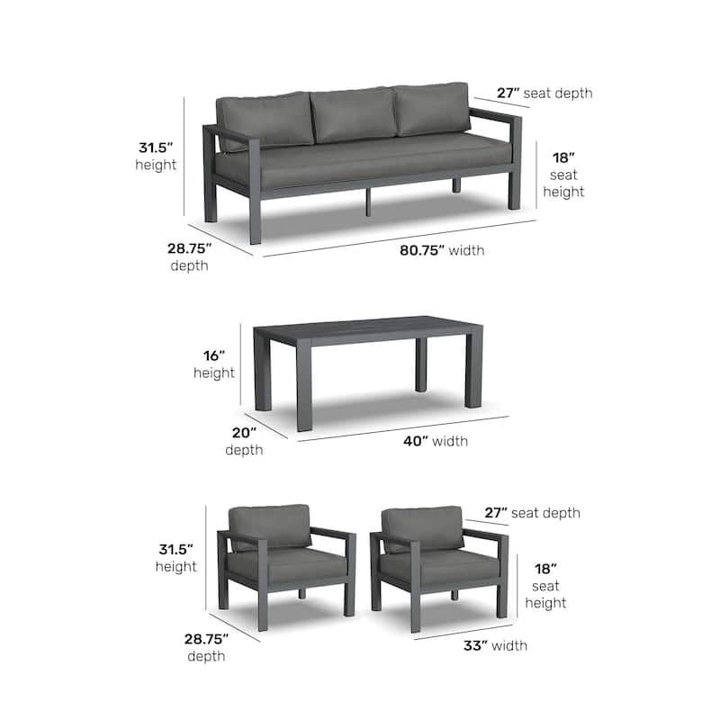 Homestyles Grayton Outdoor Aluminum Sofa with Lounge Chairs and Coffee Table - 81" x 26" x 29"
