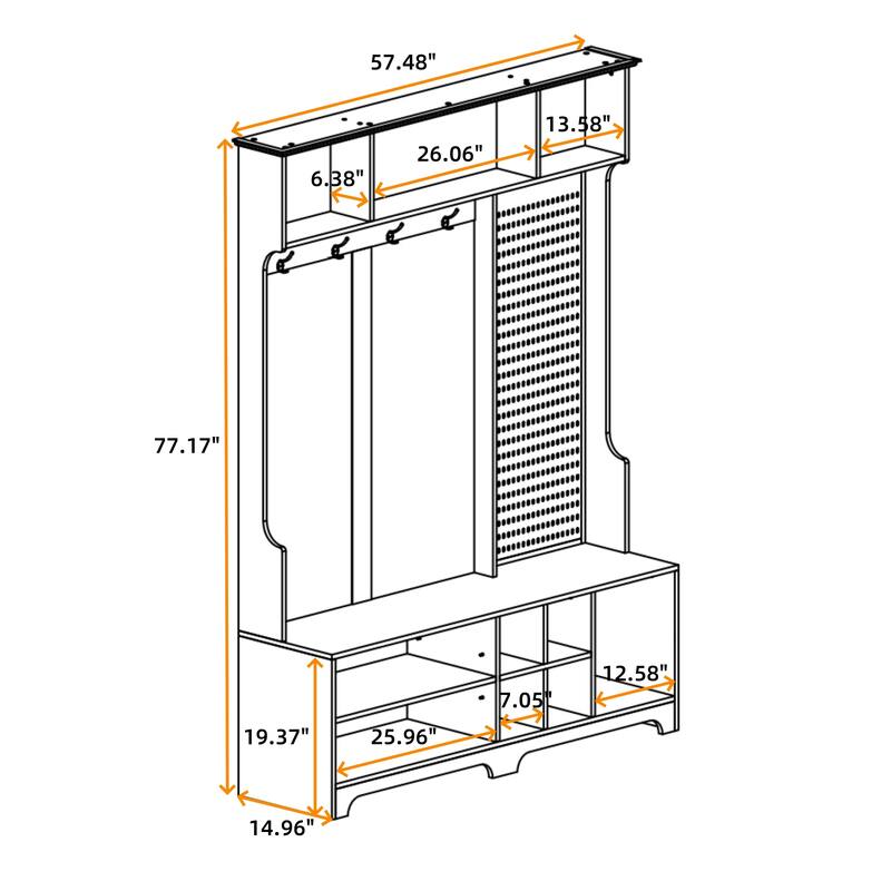 Modern Style Coat Rack with Shoe Bench, Shoe Storage, Storage Shelves and Pegboard, for Entrance and Hallway, Living Room