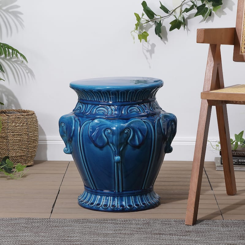 Anita 18" Classic Vintage Ceramic Indoor/Outdoor 4-Elephant Garden Stool, By - Blue Cracks