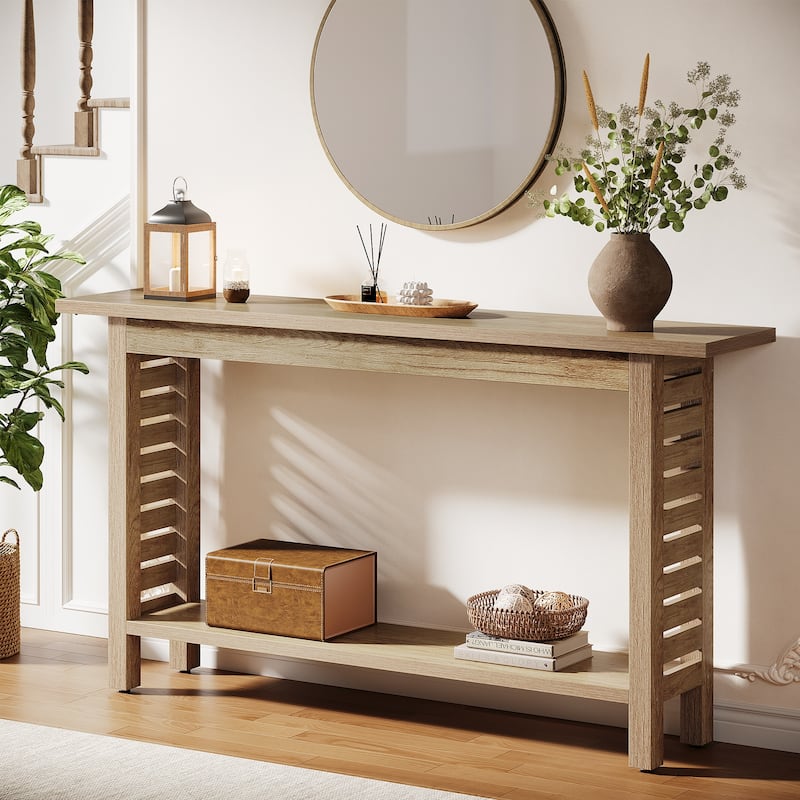 2-Tier Farmhouse Console Table for Foyer, Hallway, Living Room (Oak) - Natural - Wood