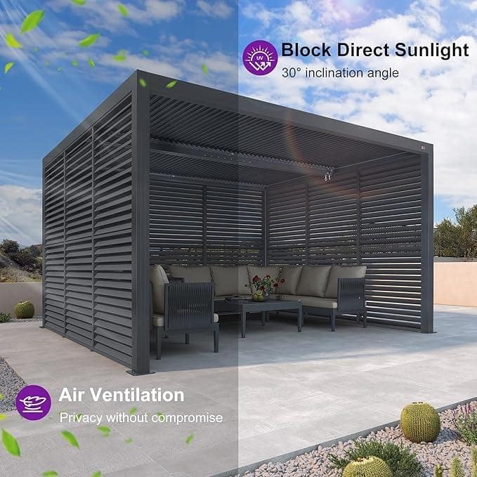 PURPLE LEAF Grey Louvered Pergola Accessories Roller Blinds, Strip Light and Shutter Wall(Pergola Not Included)