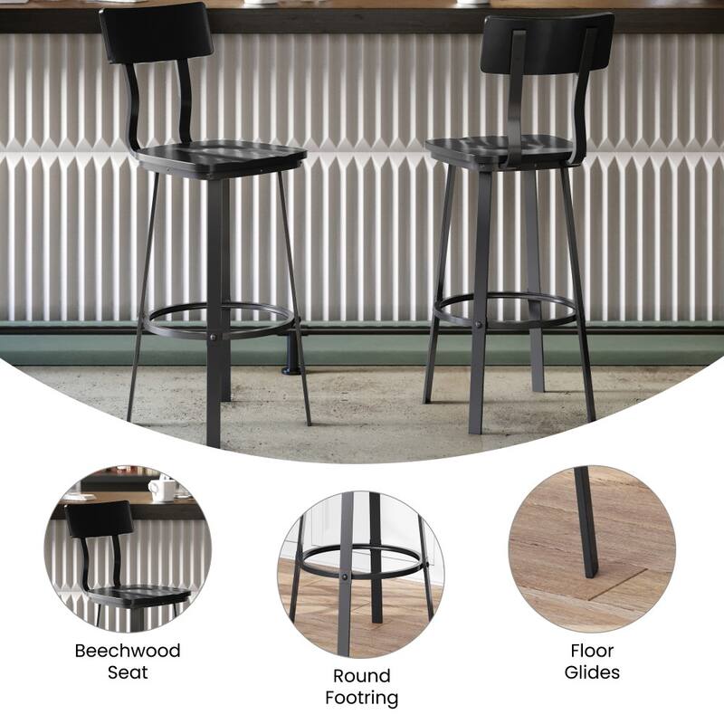 Rustic Walnut Restaurant Barstool with Wood Seat & Back & Gray Powder Coat Frame - 16.25"W x 22.75"D x 45"H