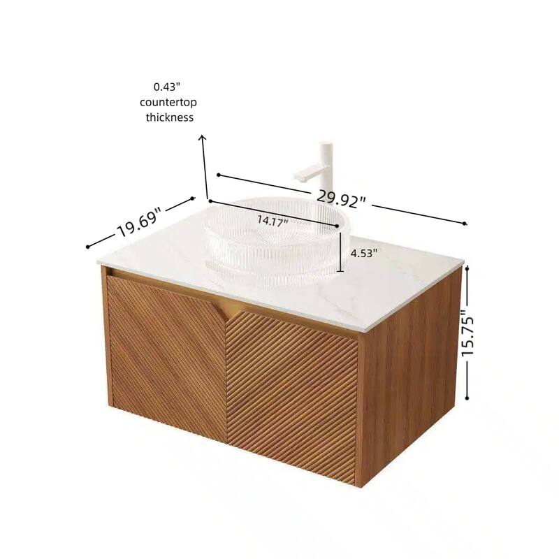 30"/36"/48" Floating Bathroom Vanity with Vessel Sink, Wall Mounted Sintered Stone Countertop Bathroom Storage Cabinet