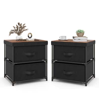 Gymax 2PCS Fabric Bedside Table 2 Drawers Nightstand Small Dresser