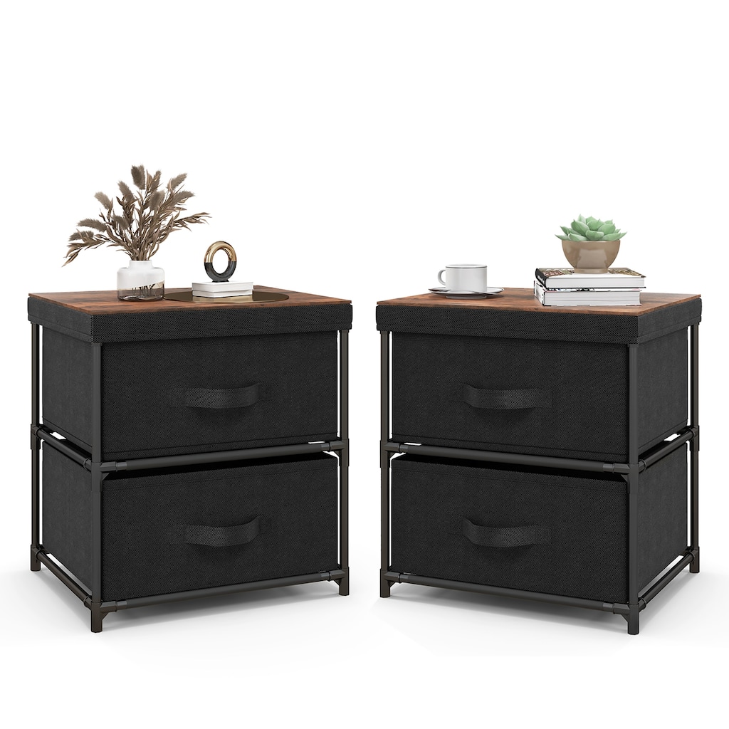 Gymax 2PCS Fabric Bedside Table 2 Drawers Nightstand Small Dresser