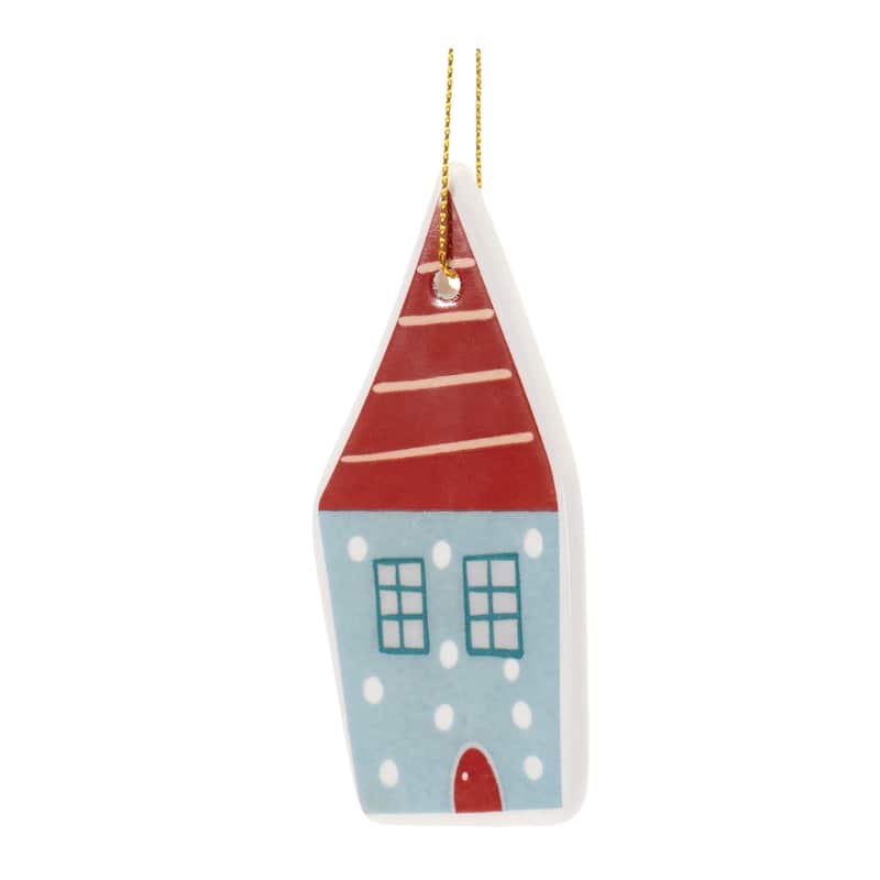 Set of 12 Modern Ceramic Winter House Ornaments with Glossy Red Green Finish for Holiday Decor - 2.25”L x 0.5”W x 3.25”H