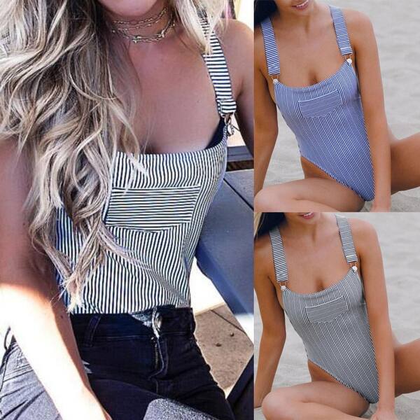 Shop Women Stripe Jumpsuit Push Up Padded Bra Beach Bikini One