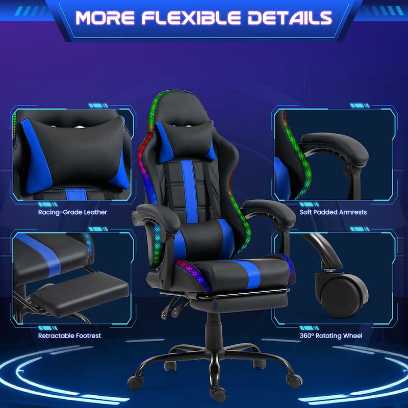 EROMMY RGB LED Gaming Chair with Thickened Massage Lumbar Pillow & Upgraded Footrest, Reclining Ergonomic Chair