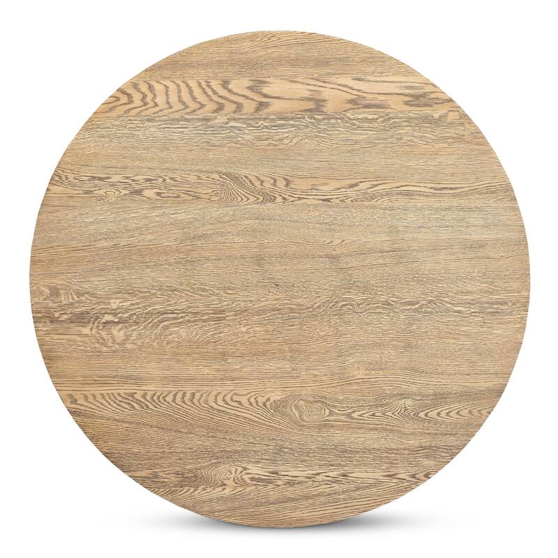 NADAAL STUDIOS Arlisse Coffee Table, Round Top, Solid Oak, Dual‑Layer Top with V‑Groove Iron Crisscross Base, Dark Brown