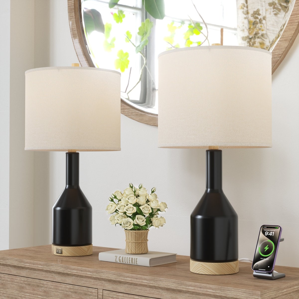 Maxax 24" Vintage Adjustable Temperature Ceramic Solid Wood Table Lamp With Linen Drum Shade Lantern And USB Port (Set of 2)