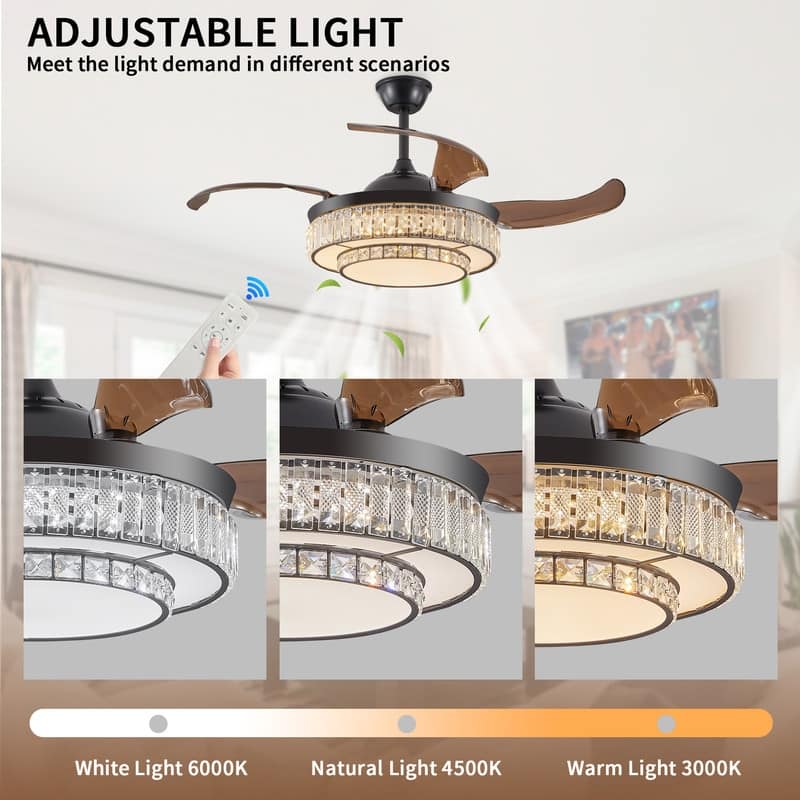 48" Modern Crystal Ceiling Fan With Retractable LED Light – 6-Speed Quiet DC Motor & Remote Control, Reversible 4-Blade Design.