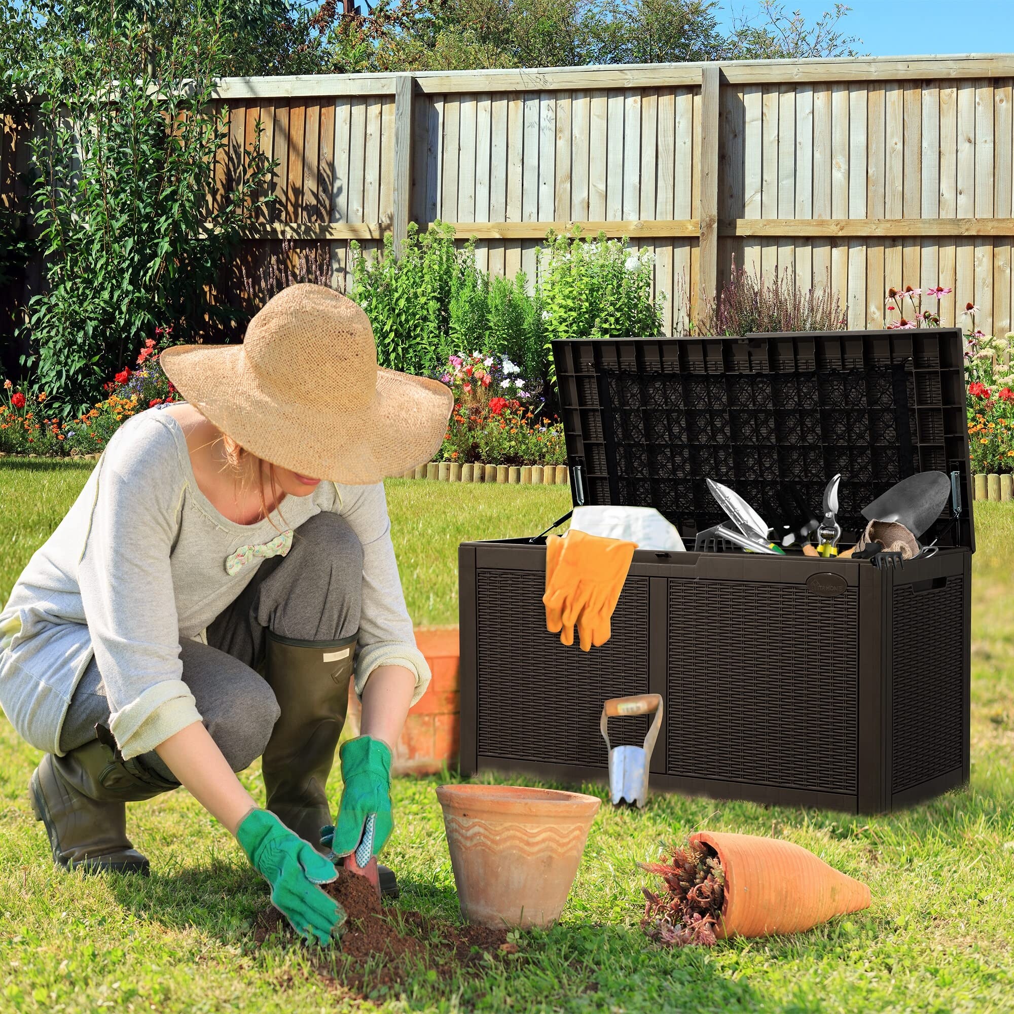 100 Gallon Large Deck Box w/Storage Net, Resin Outdoor Storage