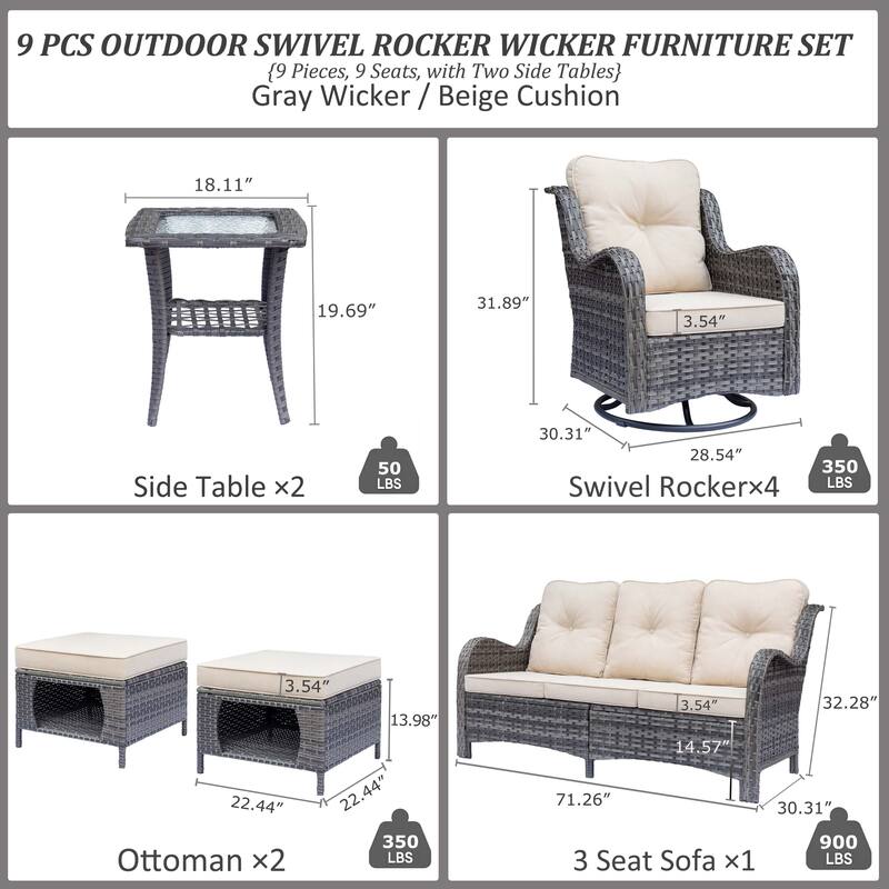Gray Rattan Outdoor Patio Conversation Sets with Swivel Rocker Chairs