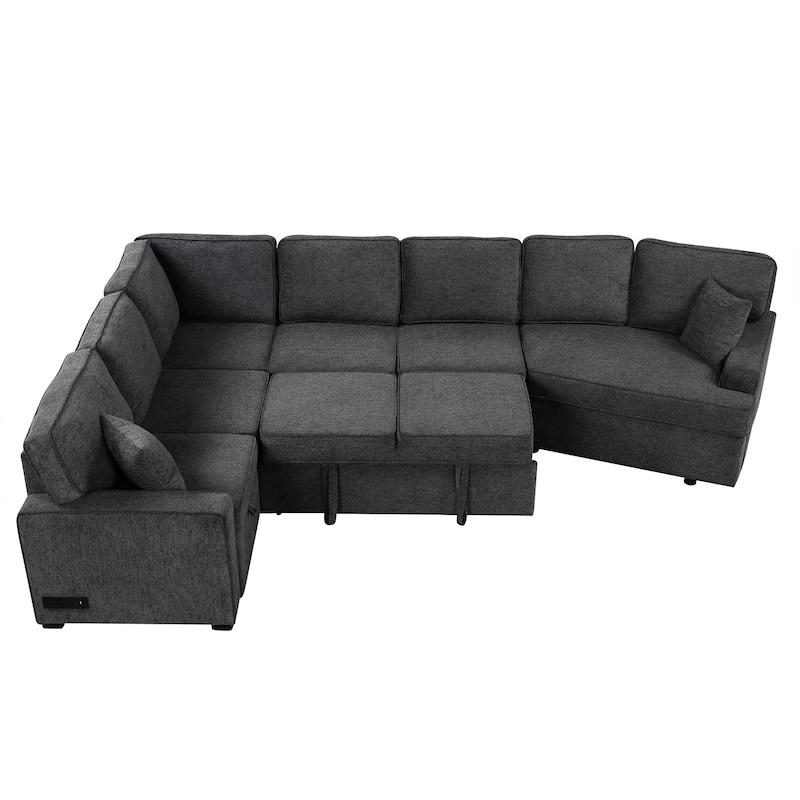 Modern 126" L-Shaped Sofa with Sleeper Bed, Cup Holders, and Power Outlets