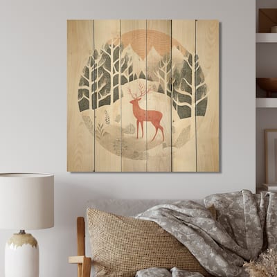 Designart 'Majestic Deer In The Winter Woods I' Animal Deer Landscape Wood Wall Art - Natural Pine Wood