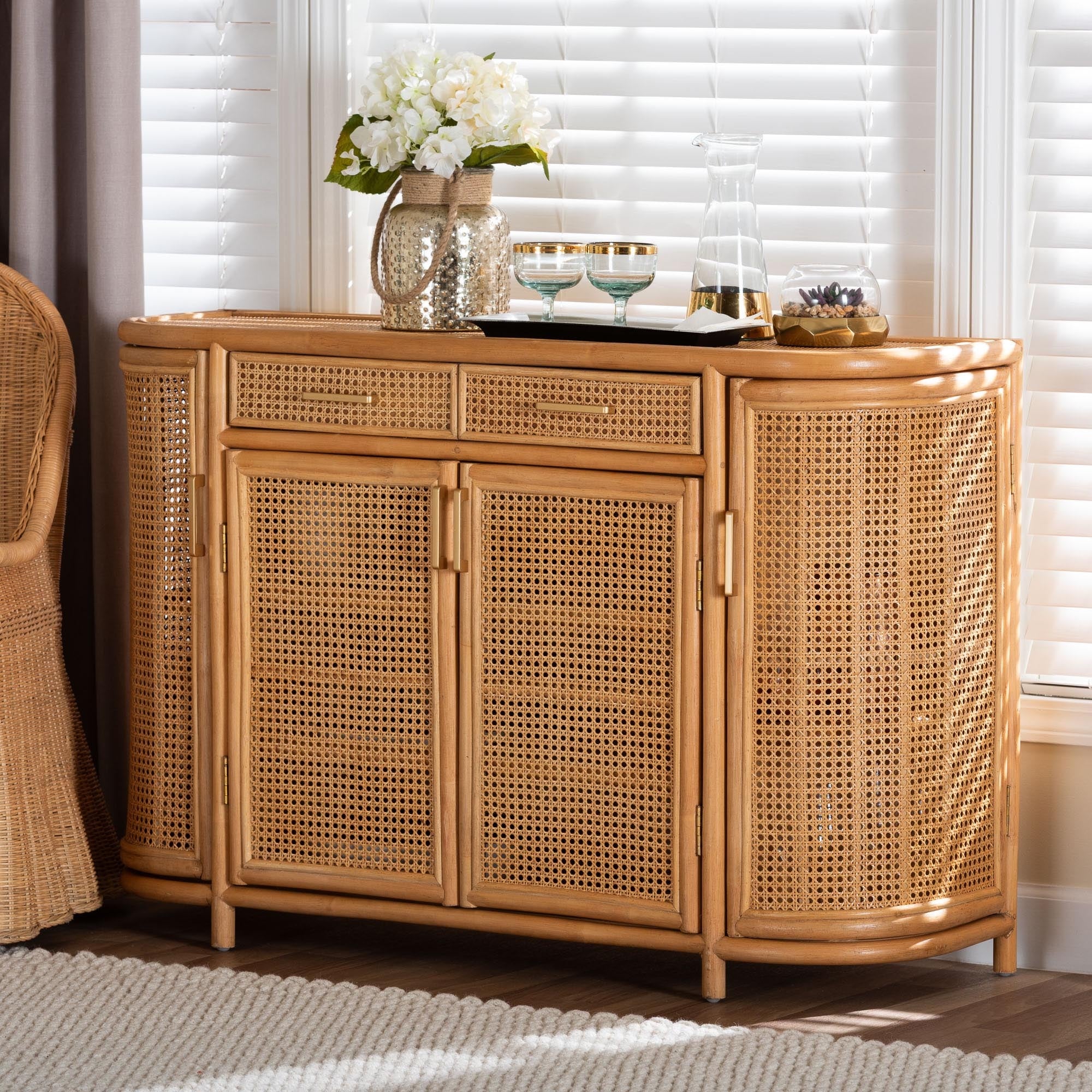 McKenna Natural Rattan Sideboard - Handwoven Wicker Buffet Credenza, Boho Coastal Style for Dining or Living Room, 2-Drawer