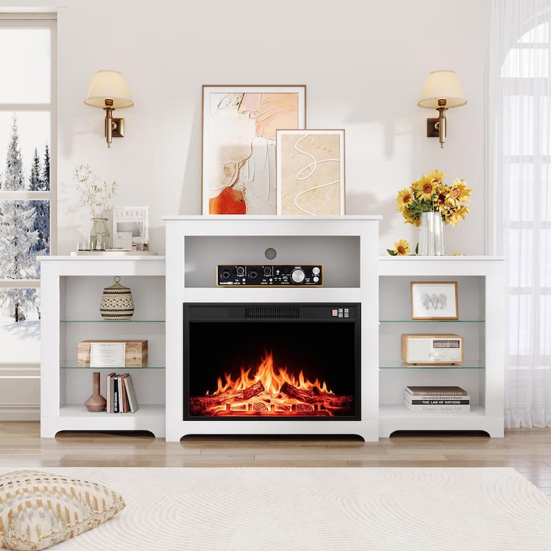 32" H Fireplace TV Stand, 55/70 Inch Media Console for TVs up to 80", Remote, Storage & LED Lights - 70" - White