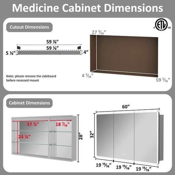 dimension image slide 8 of 9, Artemis Aluminum Recessed/Surface Mount Bathroom Medicine Cabinet with Mirror and Lights, Dimmable, Anti-Fog, Adjustable Shelf