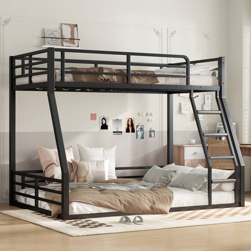 Metal Bunk Bed, Twin over Full Floor Bunk Bed Frame,Heavy-Duty Bunk Bed for Kids, Teens, Adults, Noise-reduced Design, Black - Black