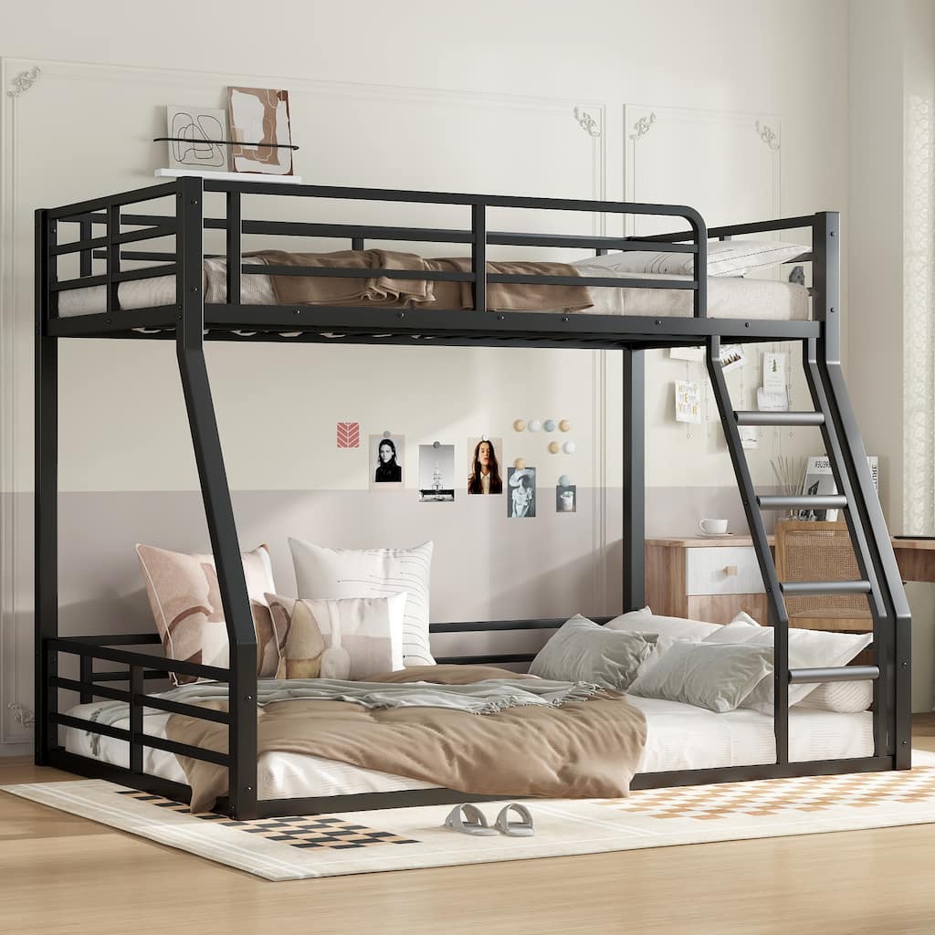 Metal Bunk Bed, Twin over Full Floor Bunk Bed Frame,Heavy-Duty Bunk Bed for Kids, Teens, Adults, Noise-reduced Design, Black