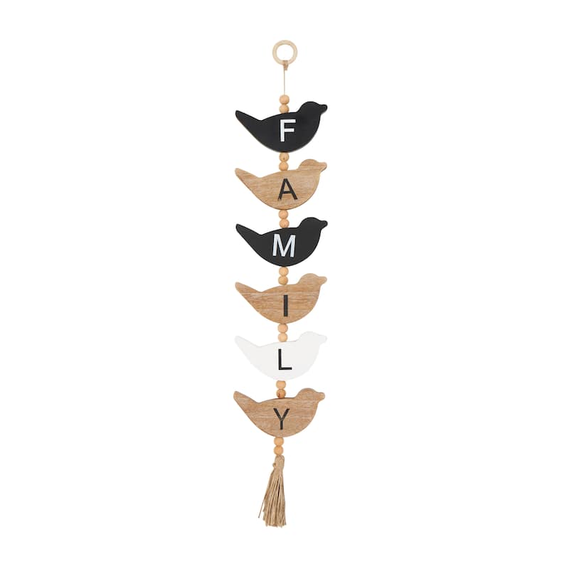 Brown or Black Wood Handmade Family Sign Bird Wall Decor with Tassel and Bead Accents