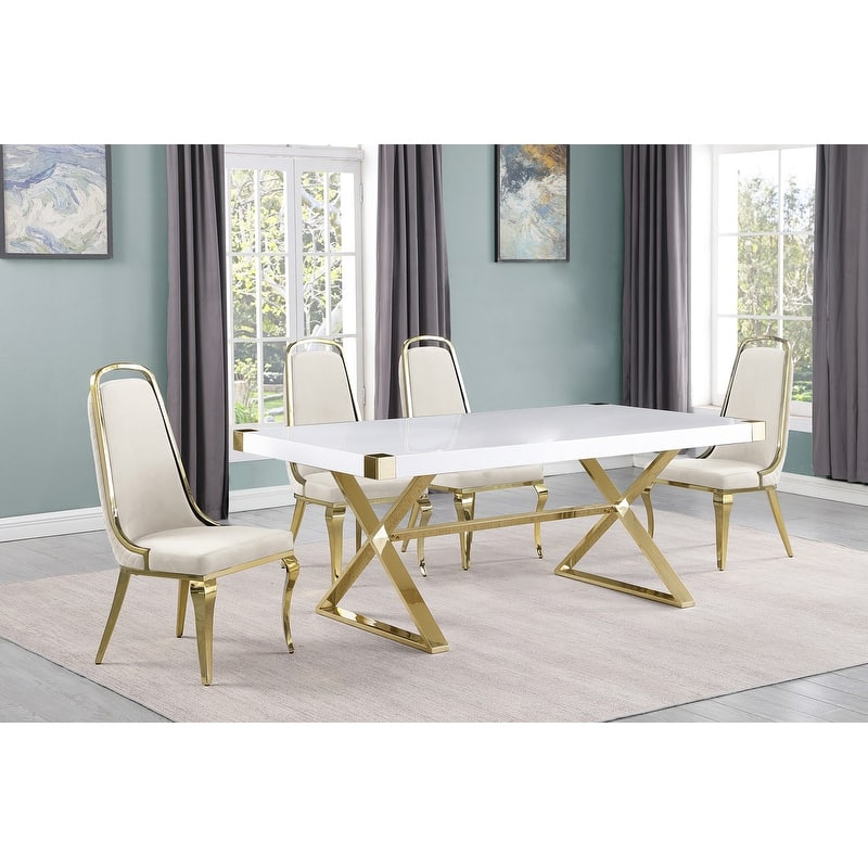 Best Quality Furniture D440/1-SC310-7 Dining Set with 78" White Lacquer Wood Top - 5-Piece - Cream / Gold