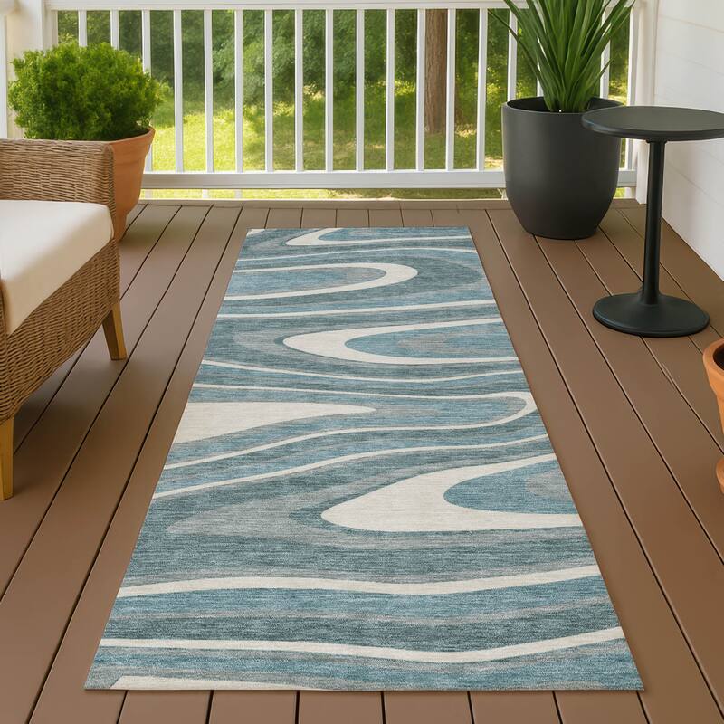 Machine Washable Indoor/ Outdoor Abstract Busey Chantille Rug - Teal - 2'3" x 7'6"