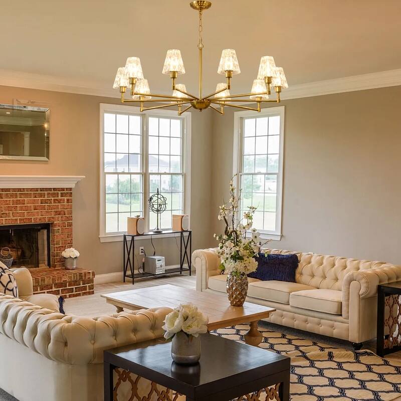 Mid Century Gold Chandelier Modern Pendant Light with Glass Lampshade