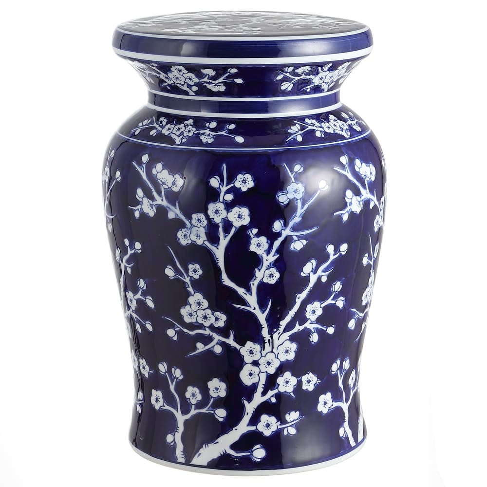 Cherry Blossom 17.7" Ceramic Garden Stool, Navy/White by JONATHAN Y